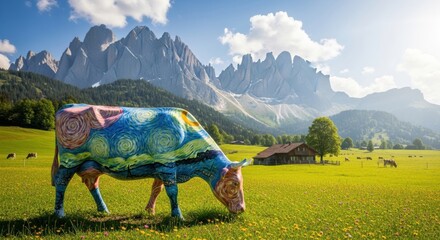 Vibrant Painted Cow Grazes in Alpine Meadow with Starry Sky Design, Art, Sculpture, Mountains