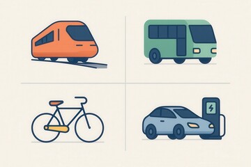 Fototapeta premium Innovative transportation modes including bicycle, electric car, green bus, and modern high speed train representing future mobility solutions and sustainable urban transport