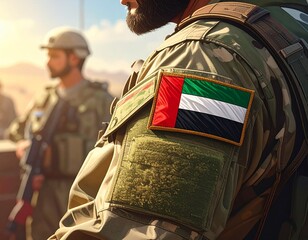 Generated image. UAE flag emblem on the sleeve of the Arab army uniform.