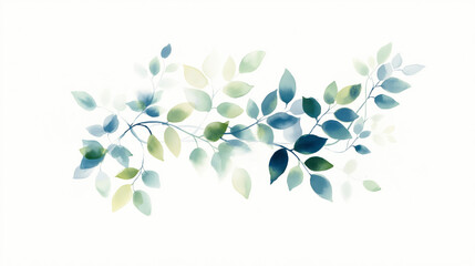 Watercolor leaves in soft green and blue tones form an airy botanical composition