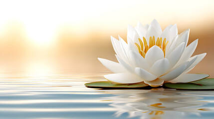 A serene white lotus flower blooming on the water's surface, reflecting a sense of peace and tranquility