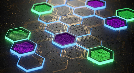 Dynamic abstract network of glowing hexagonal nodes connected by intricate circuits, representing innovation and digital connectivity