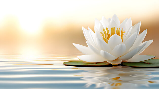 A serene white lotus flower blooming on the water's surface, reflecting a sense of peace and tranquility - Powered by Adobe