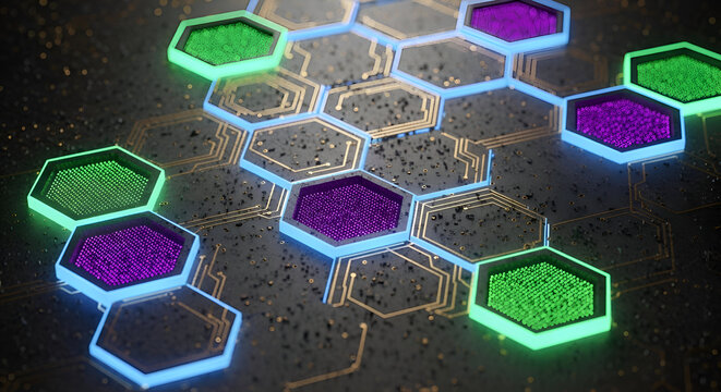 Dynamic abstract network of glowing hexagonal nodes connected by intricate circuits, representing innovation and digital connectivity