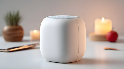 a smart home speaker placed on a table with candles. The speaker's sleek design blends in with the warm ambient lighting, creating a relaxing atmosphere.