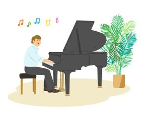 A man playing the piano and singing. Houseplants in the room.