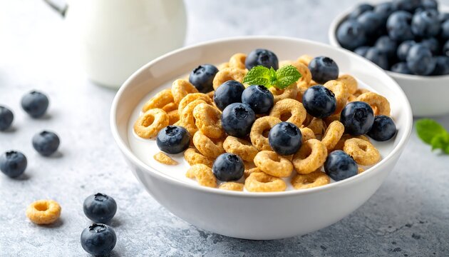 Bowl of Cheerios with Blueberries and Milk for Breakfast.