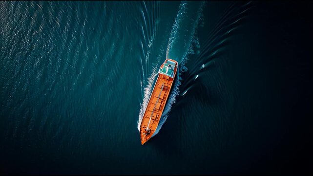 Aerial drone footage captures a large orange cargo ship navigating through deep blue ocean waters leaving a prominent white wake behind it