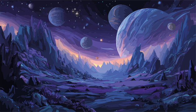 Paesaggio alieno surreale con pianeti e stelle in un cielo viola e arancione.