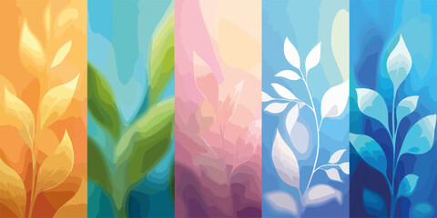 Vettori stilizzati di piante e foglie in diverse stagioni e colori, rappresentazione astratta della natura.