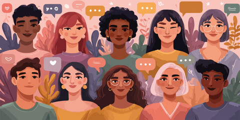 Un gruppo di persone diverse che comunicano con fumetti di dialogo, simbolo di unità e diversità.