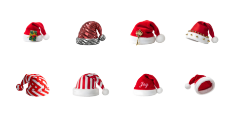 Collection of santa claus hats isolated on transparent background for the christmas time decoration in the winter season