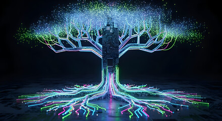 Vibrant digital tree with glowing circuit board trunk and luminous roots, symbolizing technological growth and innovation in a futuristic abstract landscape