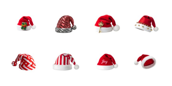 Collection of santa claus hats isolated on transparent background for the christmas time decoration in the winter season