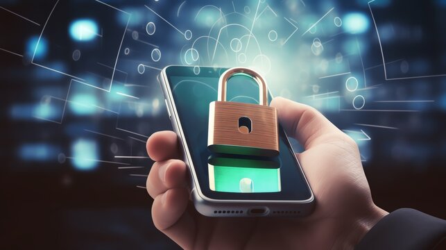 Hand holding smartphone with digital lock symbol.