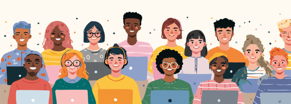 Un gruppo di giovani sorridenti e diversi che lavorano insieme su computer portatili, celebrando l'unit&agrave;.