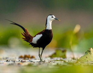 Obraz premium Exotic bird, long tail, standing tall on water, green and brown natural backdrop