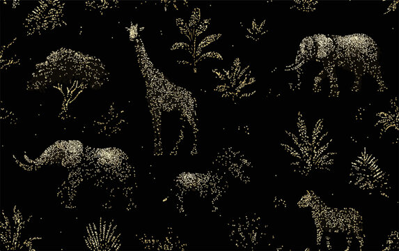Illustrazione vettoriale di animali africani in stile glitter su sfondo nero, motivo senza cuciture.