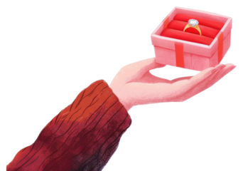 Close-up of a hand presenting an open pink gift box with a sparkling diamond engagement ring, symbolizing a proposal or special gift