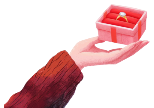 Close-up of a hand presenting an open pink gift box with a sparkling diamond engagement ring, symbolizing a proposal or special gift
