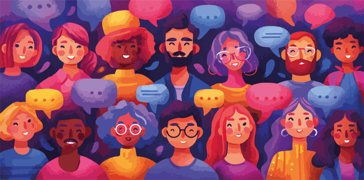 Un gruppo diversificato di persone con fumetti che simboleggiano comunicazione e connessione.