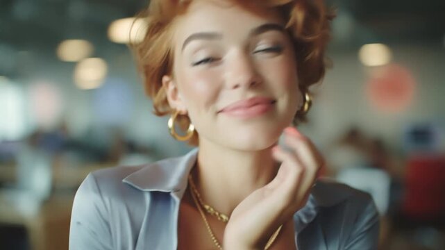 Shy Redhead Laughing While Fixing Hair. Close-up of embarrassed ginger woman blushing, adjusting short wavy hair and giggling in modern office setting.  