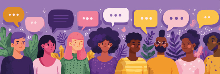 Un gruppo diversificato di persone comunica con fumetti di dialogo, simbolo di conversazione e connessione.
