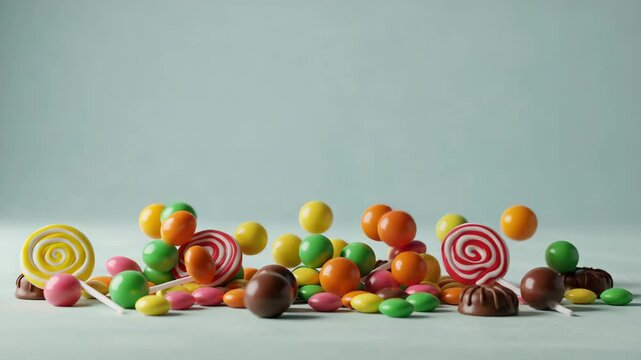 Colorful candy treats bouncing gently on surface, candy sweets flying in slow motion, candy background for kids party, dessert advertising concept, fun sugar snack theme for children