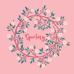 Spring wreath with flowers on a pink background. Vector graphics.