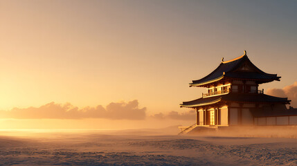 Serene Japanese temple enveloped in a golden morning haze, evoking a sense of tranquility and cultural appreciation