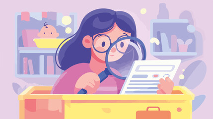 Donna con lente d'ingrandimento esamina un documento, concetti di ricerca e analisi.