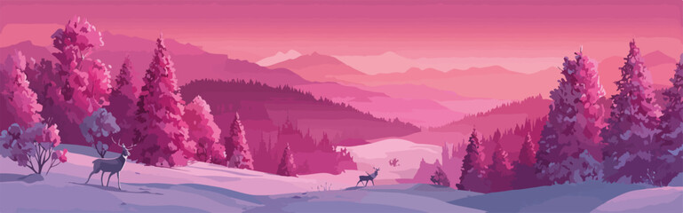 Paesaggio invernale stilizzato con cervi in un tramonto rosa e viola, un'illustrazione vettoriale.