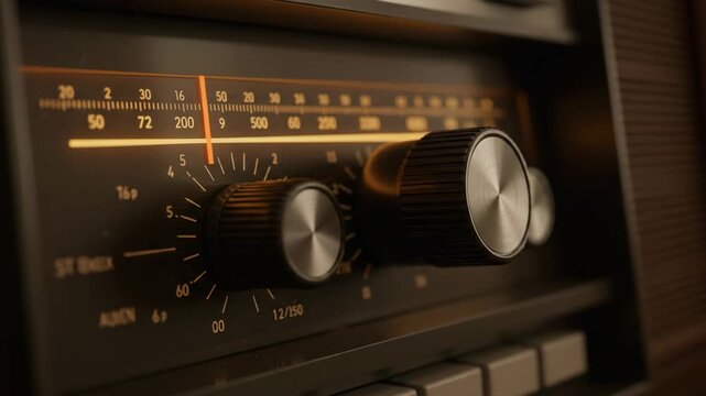 Close up tuning knob on vintage radio, retro radio dial scale, classic radio volume control, old radio equipment background, nostalgia music listening, analog sound theme vintage style