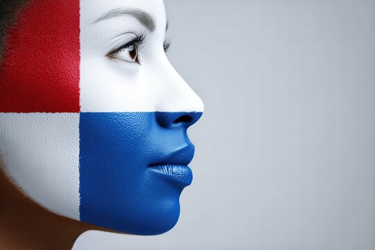 Profile Of Woman With Dominican Republic Flag Face Paint. Cultural Identity, National Pride, Diversity, Beauty, Patriotism, Travel, Expression, Art