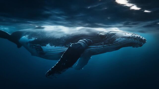 A whale swims in a dark blue ocean, sun rays filter through the water above it