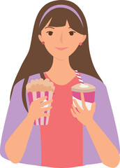 Woman Bring Popcorn and Drinks illustration.