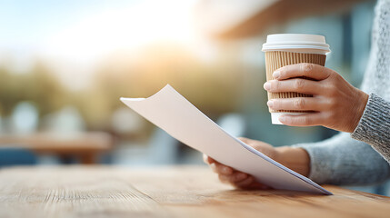 person with a coffee cup, and document in hand. A person holding a coffee cup and a stack of paper. The photo captures a moment of reading and enjoying a coffee