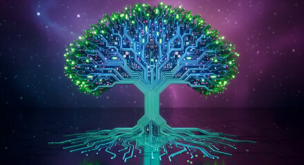 Stunning digital tree of life blooms with vibrant circuit board branches and glowing roots, symbolizing technological growth and innovation in a futuristic landscape