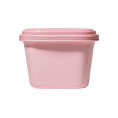 A small, pink, square-shaped plastic container with a matching lid, set against black