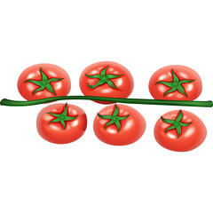 Six Ripe Red Tomatoes Growing On A Green Stem Against A White Background