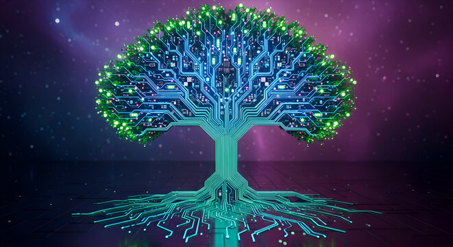 Stunning digital tree of life blooms with vibrant circuit board branches and glowing roots, symbolizing technological growth and innovation in a futuristic landscape