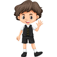 Smiling Young Boy Waving Hello Wearing A White Shirt Black Vest and Black Shorts with Brown Curly Hair