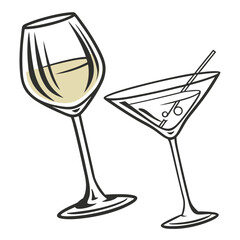 Wine and martini glasses showcase elegant drinkware against a clean, bright, white backdrop