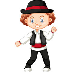 Smiling Young Boy Wearing Traditional Folk Costume With Black Hat And Vest Red Sash Pants And White Shirt Standing On White Background