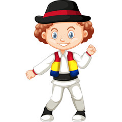 Smiling Young Boy Wearing Traditional Romanian Folk Costume With Black Hat Red Band White Shirt Vest And White Pants Isolated On Transparent Background