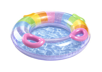 A sparkling, clear-filled pool float, rainbow striped, with pink handles, against a black backdrop