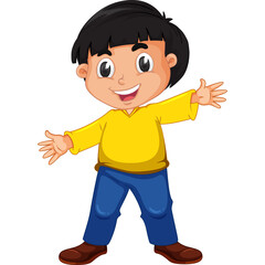 Smiling Young Boy with Black Hair Wearing a Yellow Long Sleeve Shirt and Blue Pants Standing with Open Arms on a Transparent Background