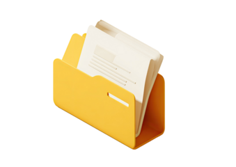 A bright yellow file folder holds a stack of white documents, isometric perspective