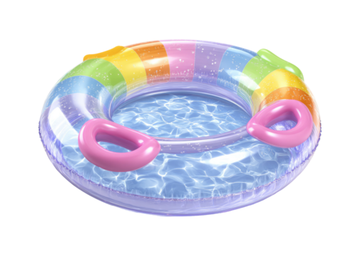A sparkling, clear-filled pool float, rainbow striped, with pink handles, against a black backdrop