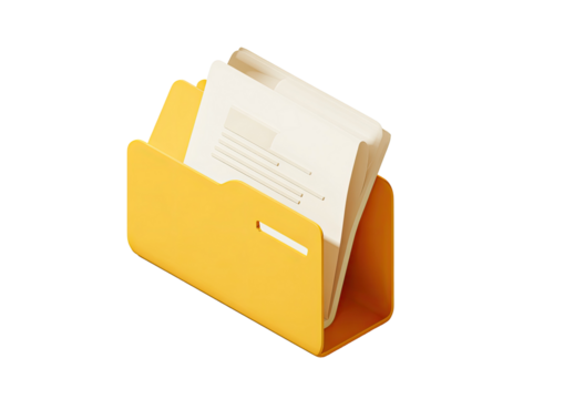 A bright yellow file folder holds a stack of white documents, isometric perspective